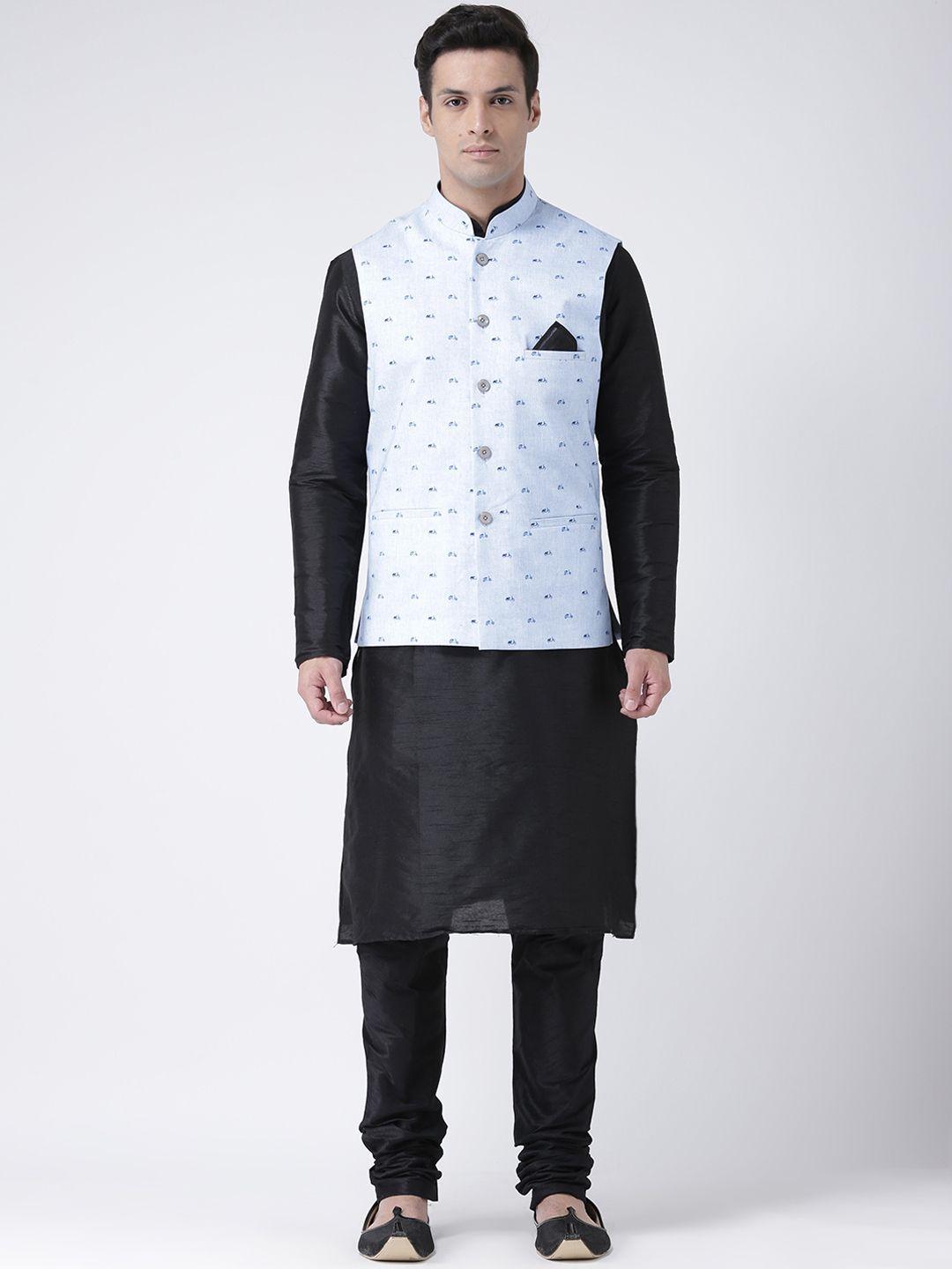 deyann men black printed kurta with churidar & nehru jacket