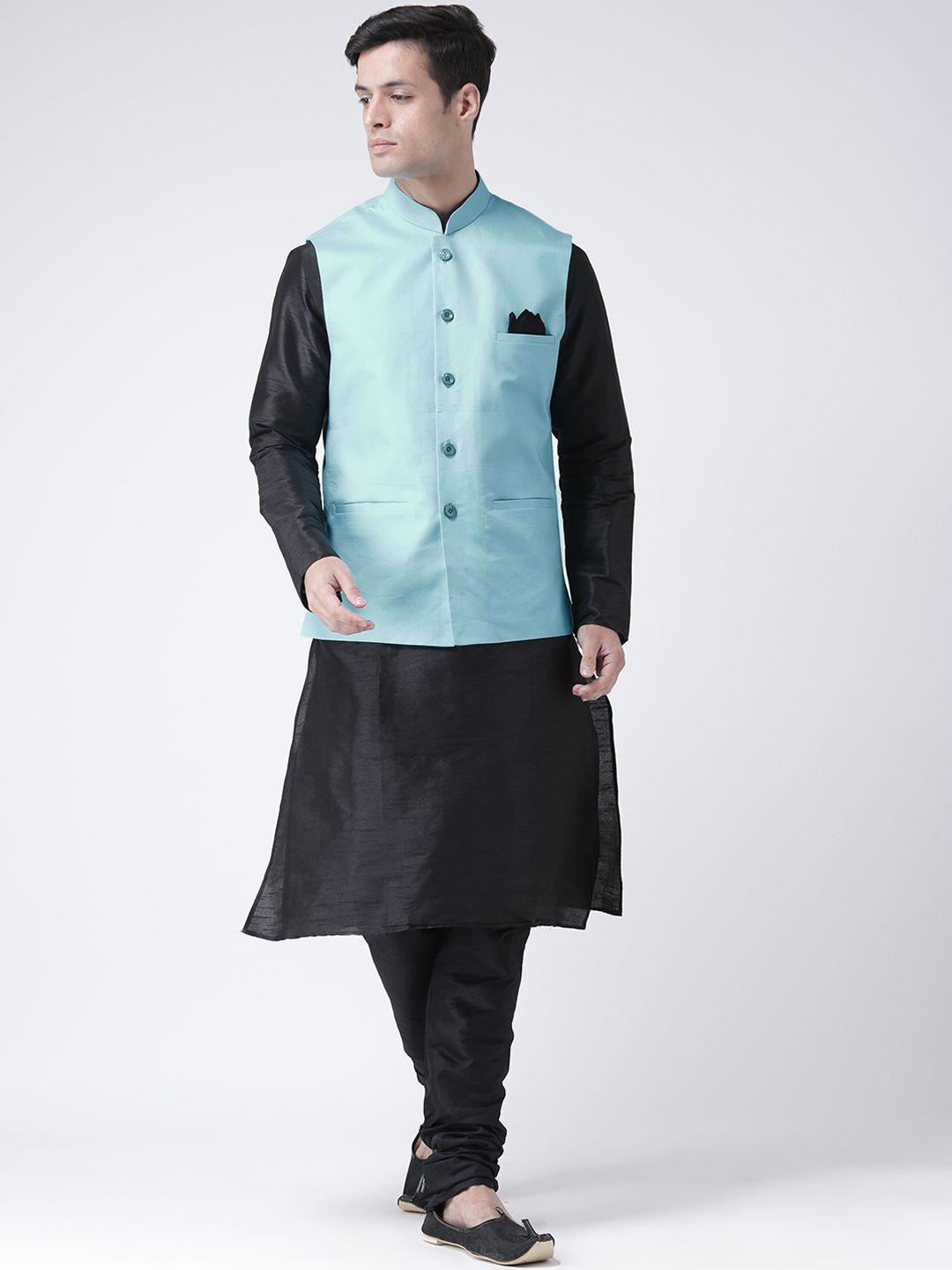 deyann men black solid kurta with churidar & nehru jacket