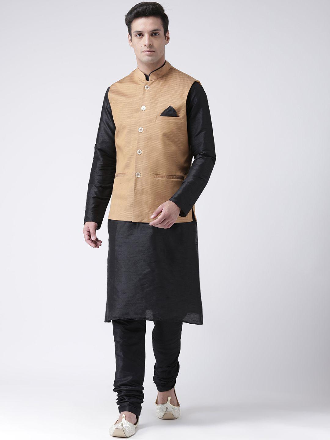 deyann men black solid kurta with churidar & nehru jacket