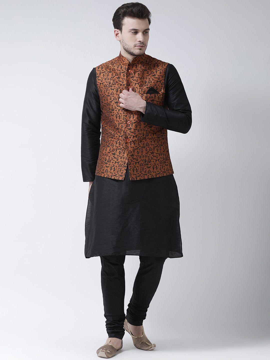 deyann men black solid kurta with pyjamas & nehru jacket