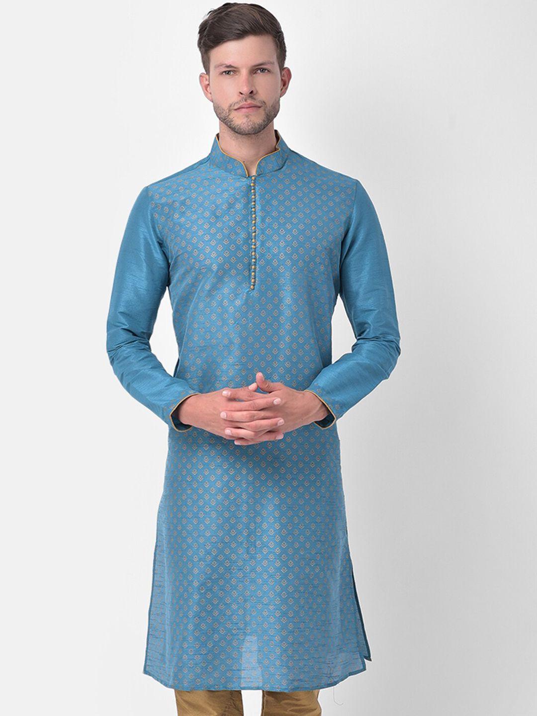 deyann men blue & beige ethnic motifs printed dupion silk kurta with churidar