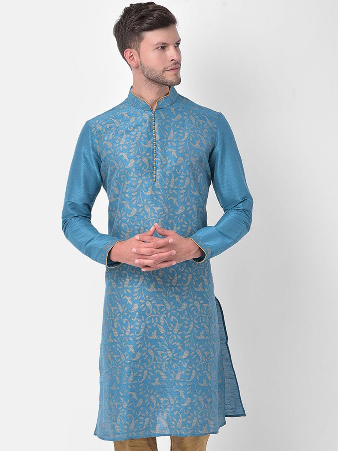 deyann men blue & beige ethnic motifs printed dupion silk kurta with churidar