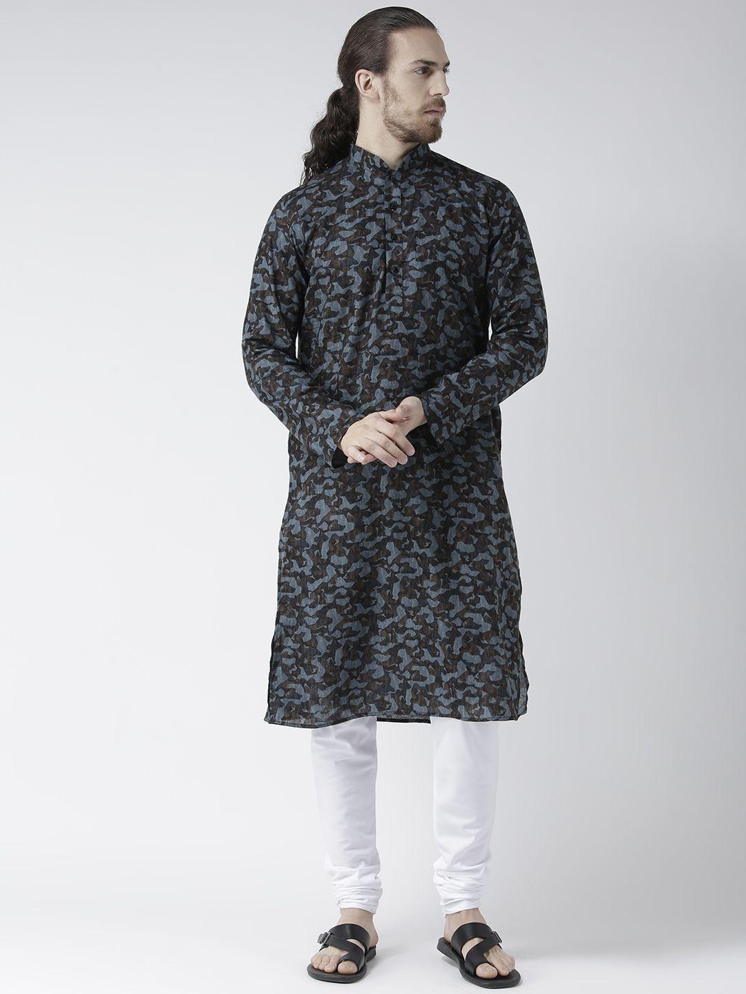 deyann men blue & black printed linen kurta with cotton blend pyjamas