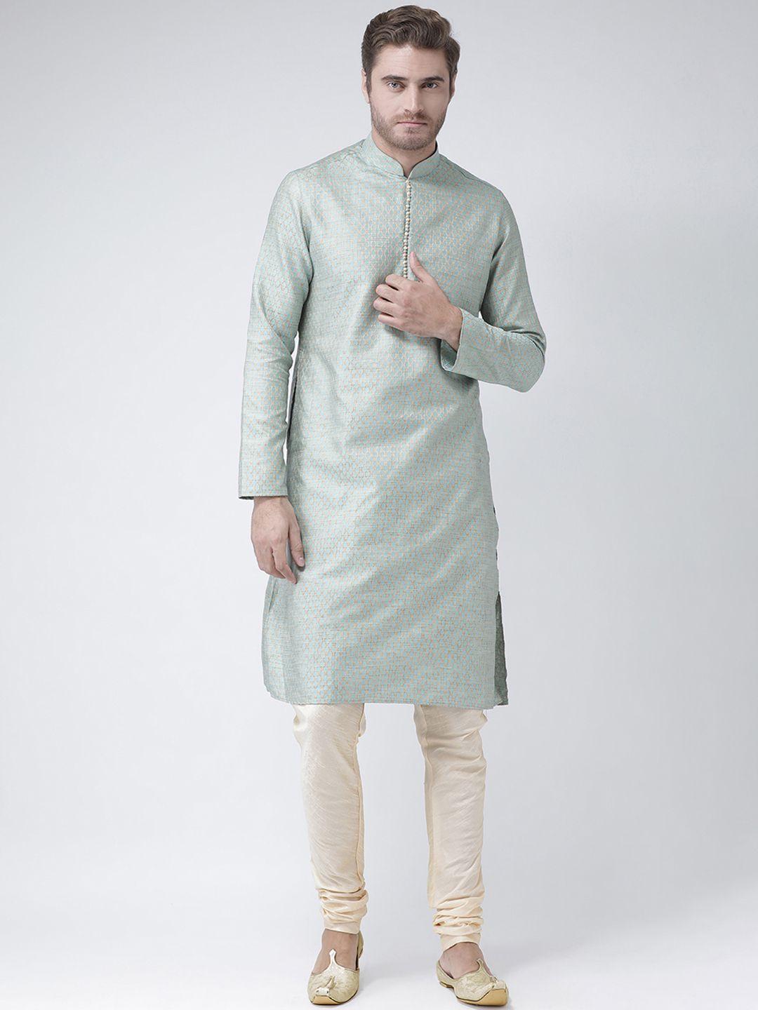 deyann men blue & cream-coloured self design kurta with churidar