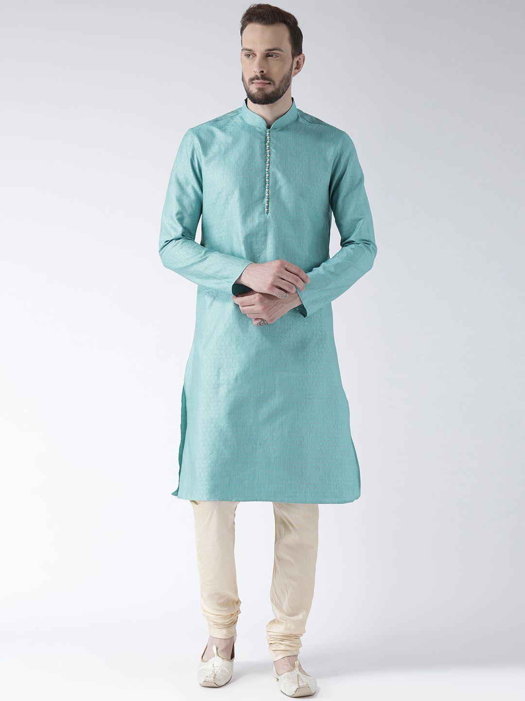 deyann men blue & cream-coloured self design kurta with pyjamas