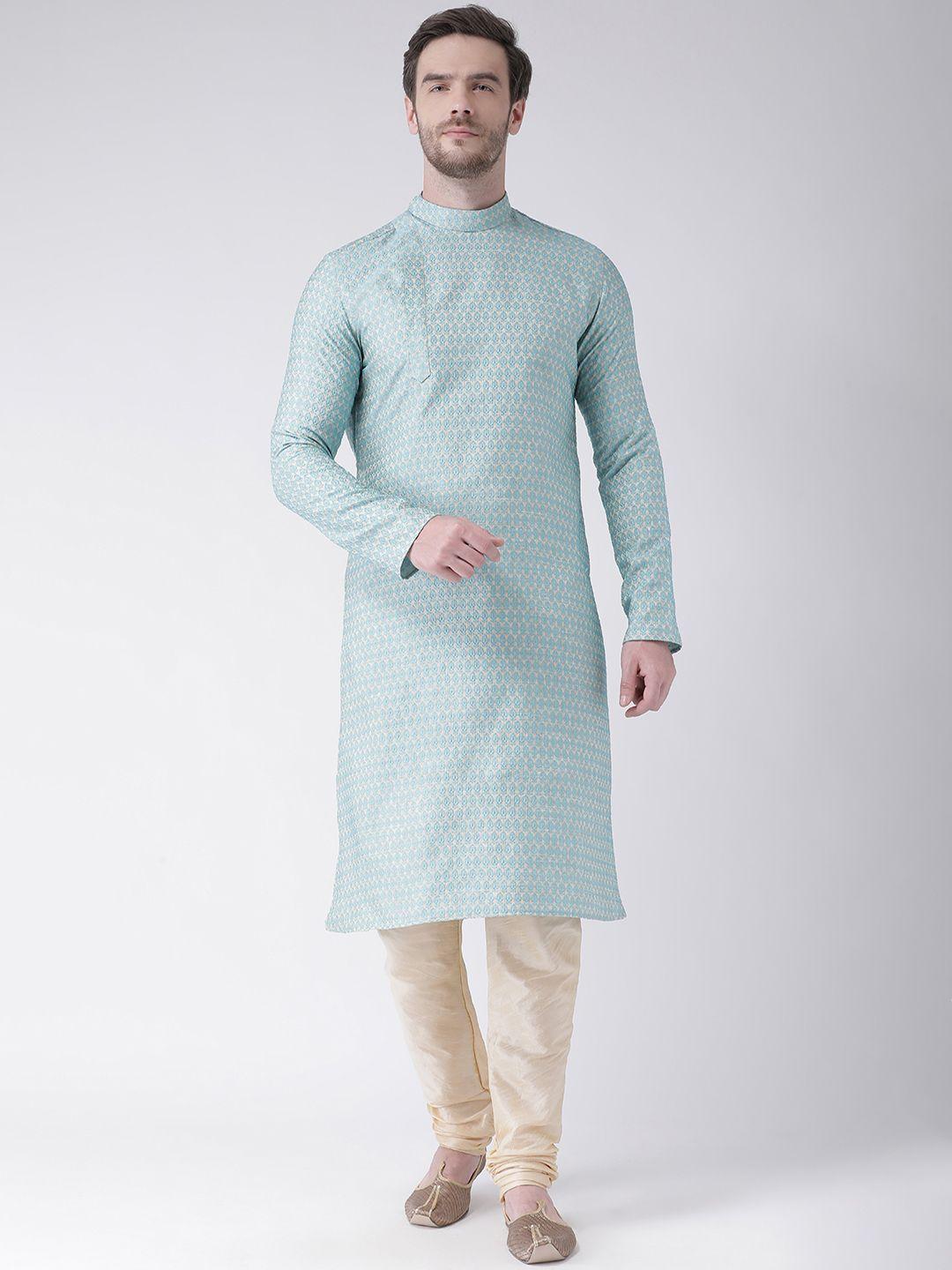 deyann men blue & cream-coloured woven design straight kurta
