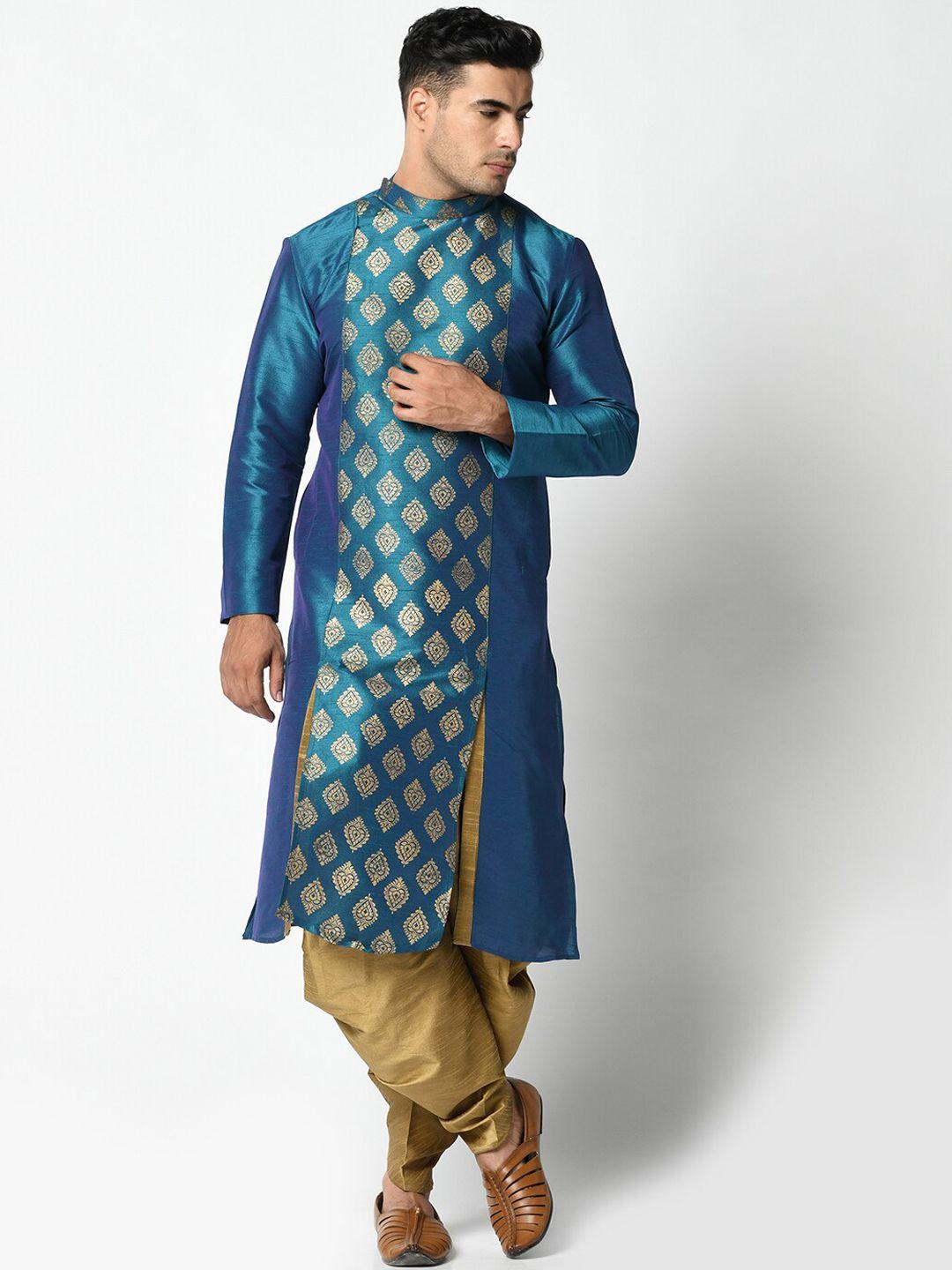 deyann men blue & gold-toned printed kurta with dhoti pants