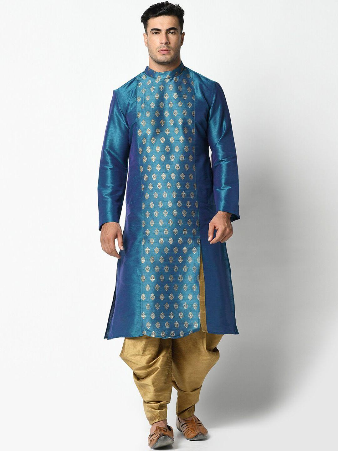 deyann men blue & gold-toned printed kurta with dhoti pants