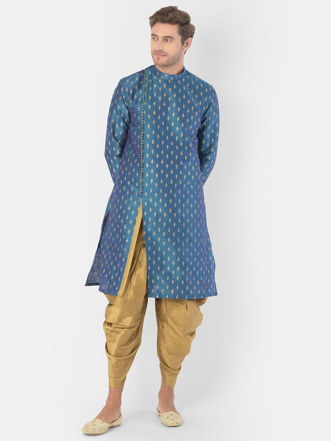 deyann men blue & golden woven design kurta with dhoti pants