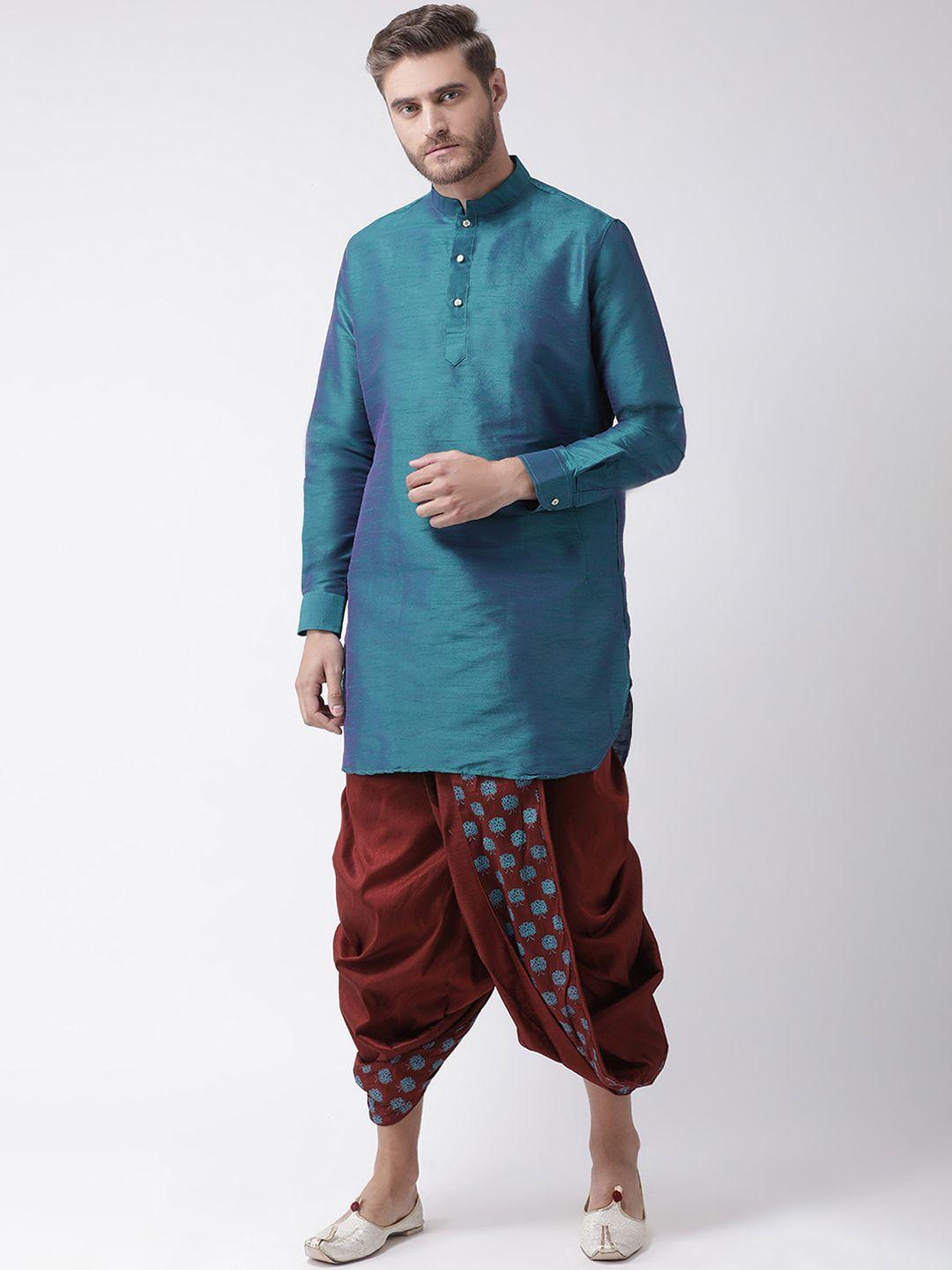 deyann men blue & maroon solid kurta with dhoti pants