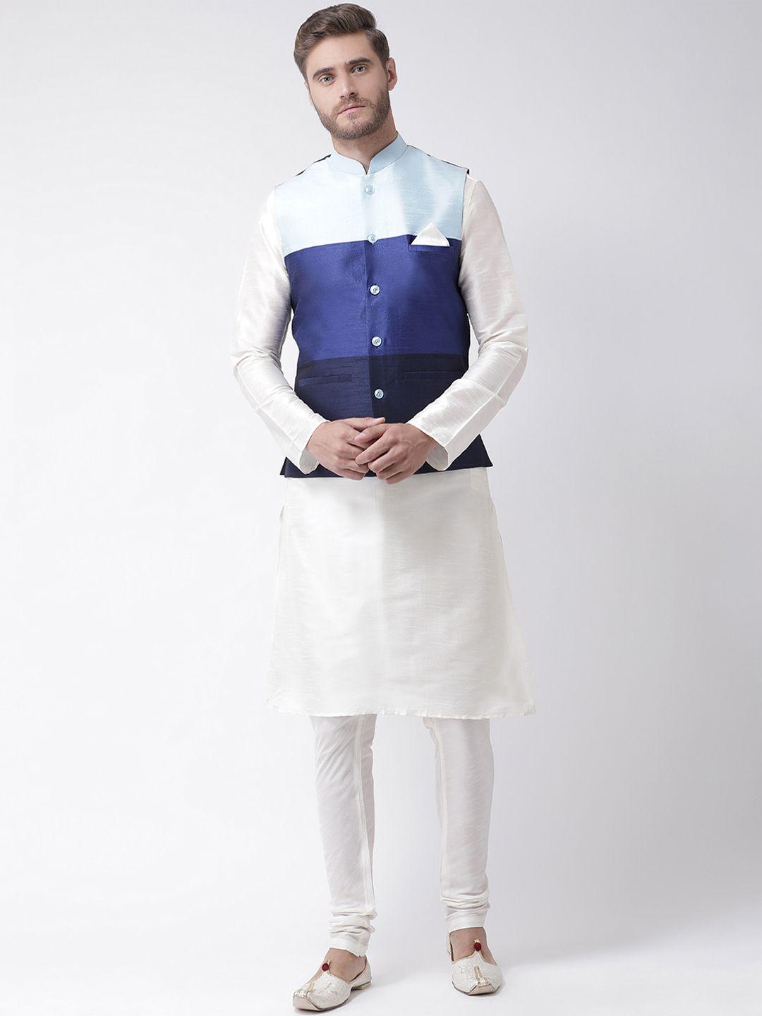 deyann men blue & off-white colourblocked kurta with churidar