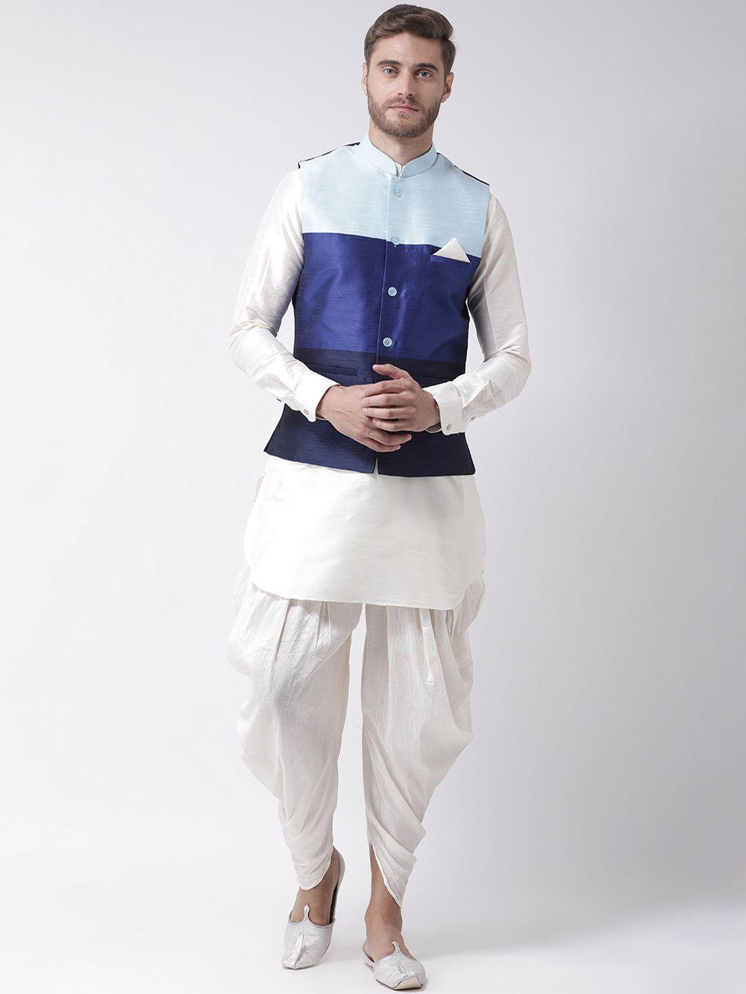 deyann men blue & off-white colourblocked kurta with patiala