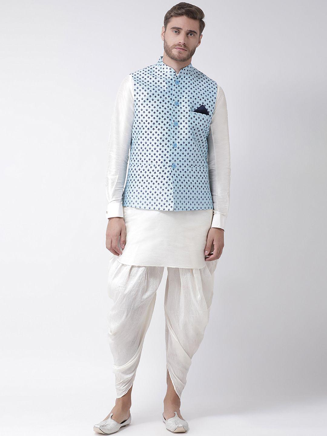 deyann men blue & off-white printed dupion silk kurta with patiala