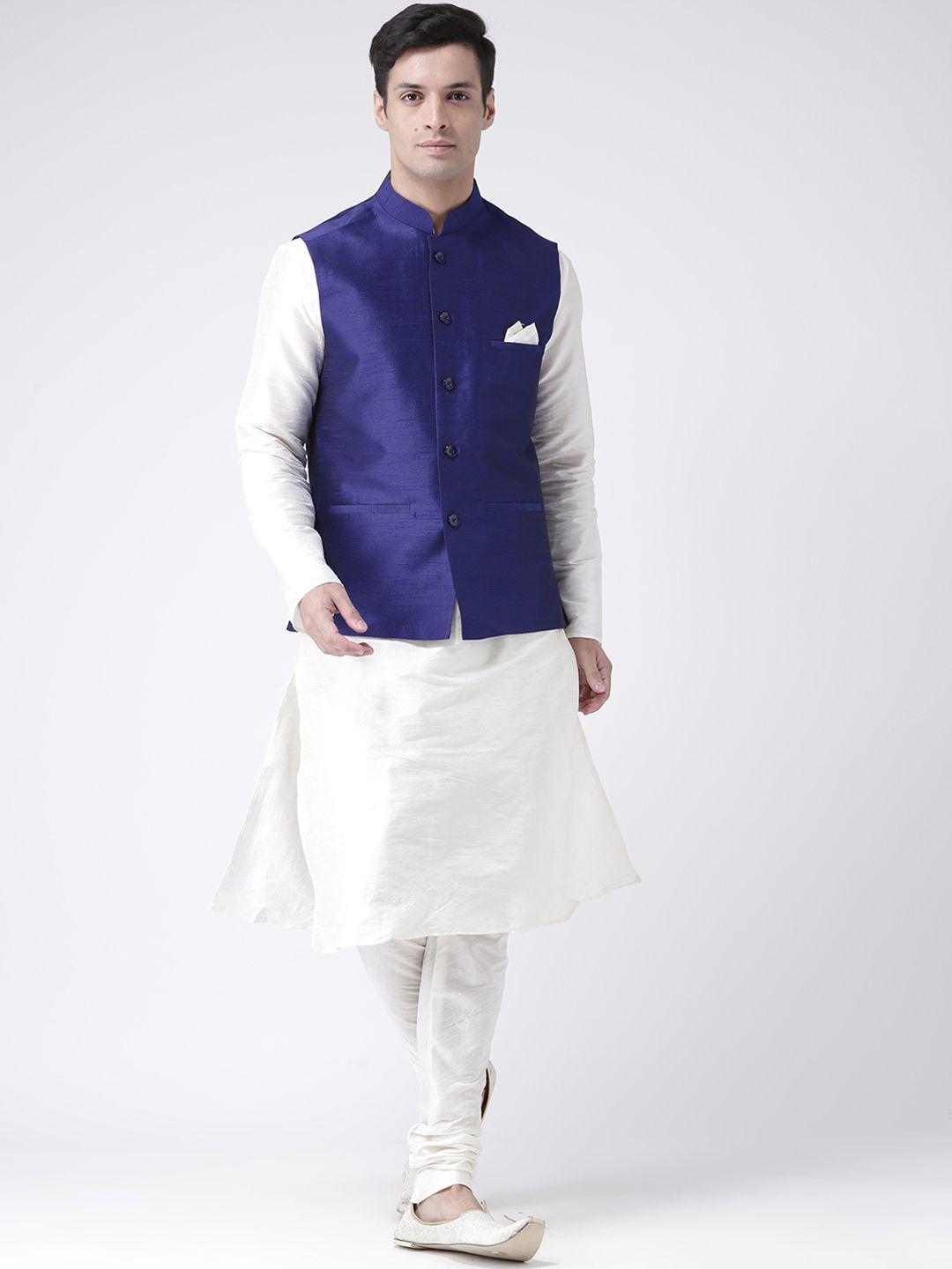 deyann men blue & off-white solid kurta with churidar