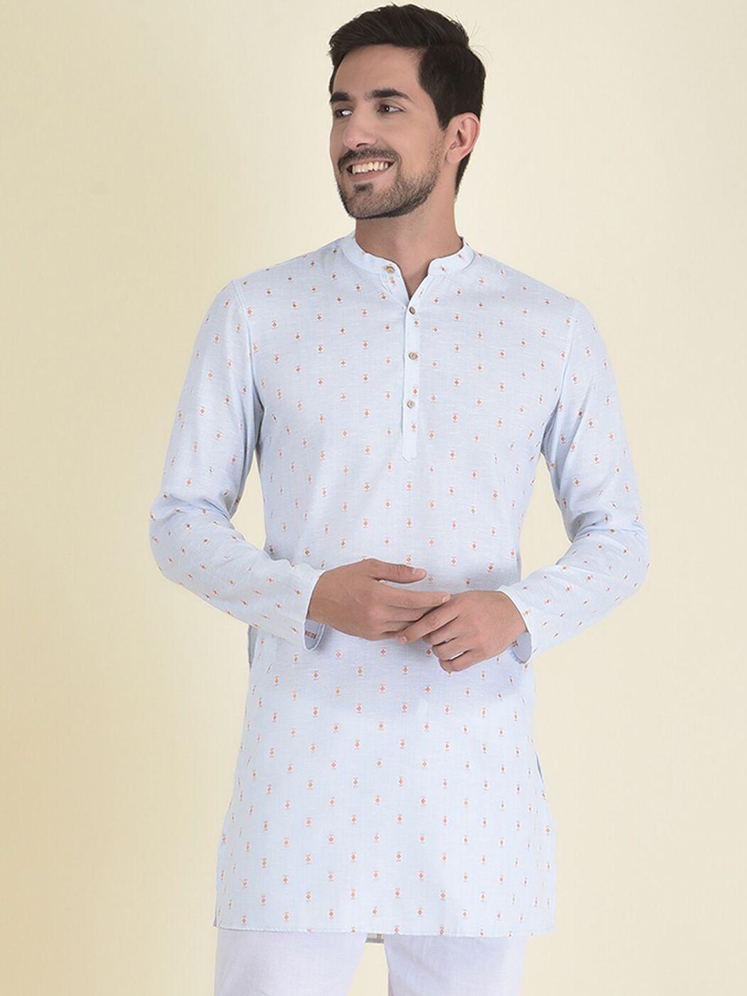 deyann men blue & orange geometric printed jacquard kurta