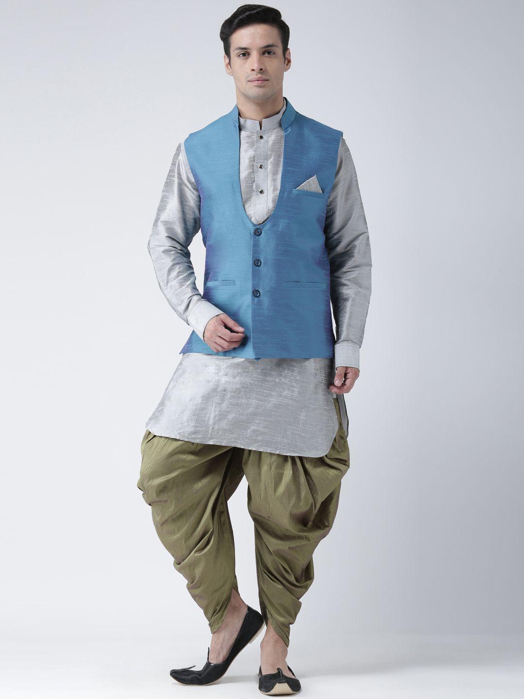 deyann men blue & silver-toned solid kurta with patiala