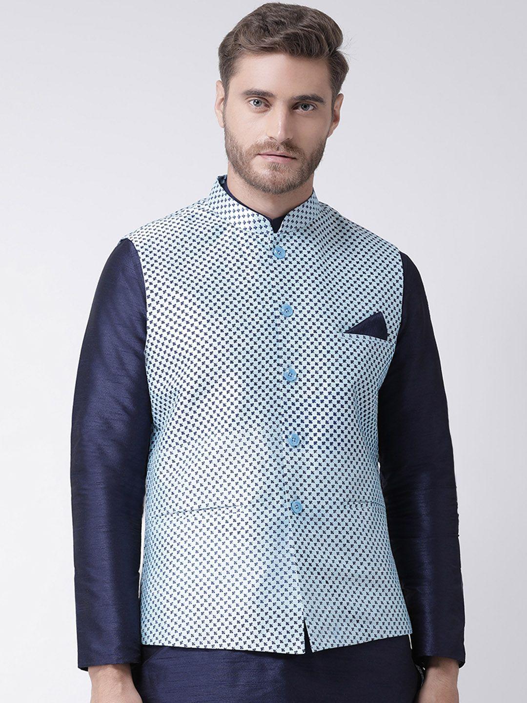 deyann men blue & white printed woven nehru jacket