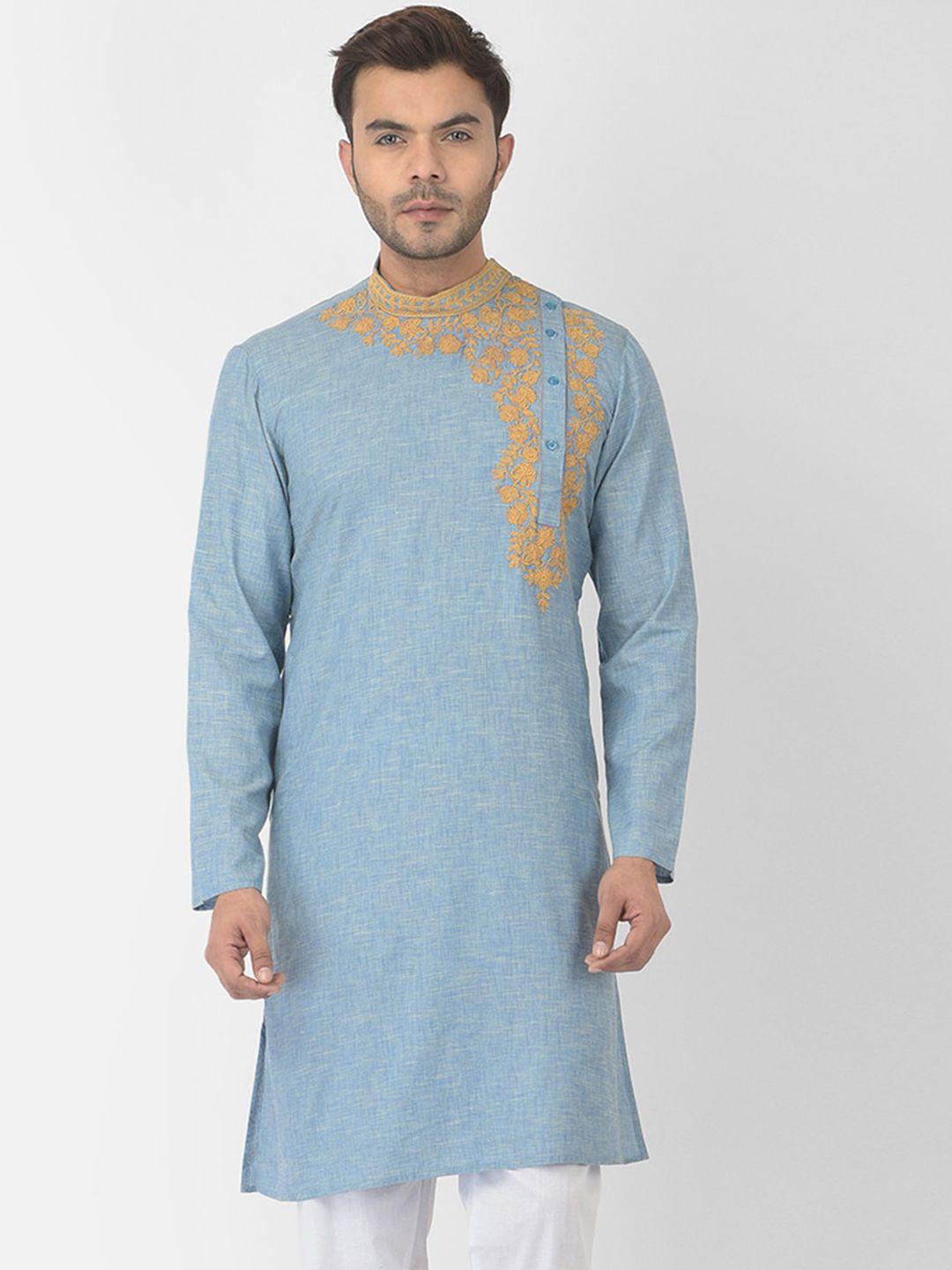 deyann men blue & yellow floral embroidered kurta