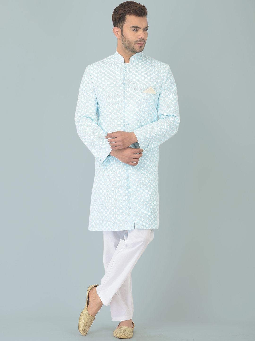 deyann men blue embroidered chikankari pure cotton kurta with trousers