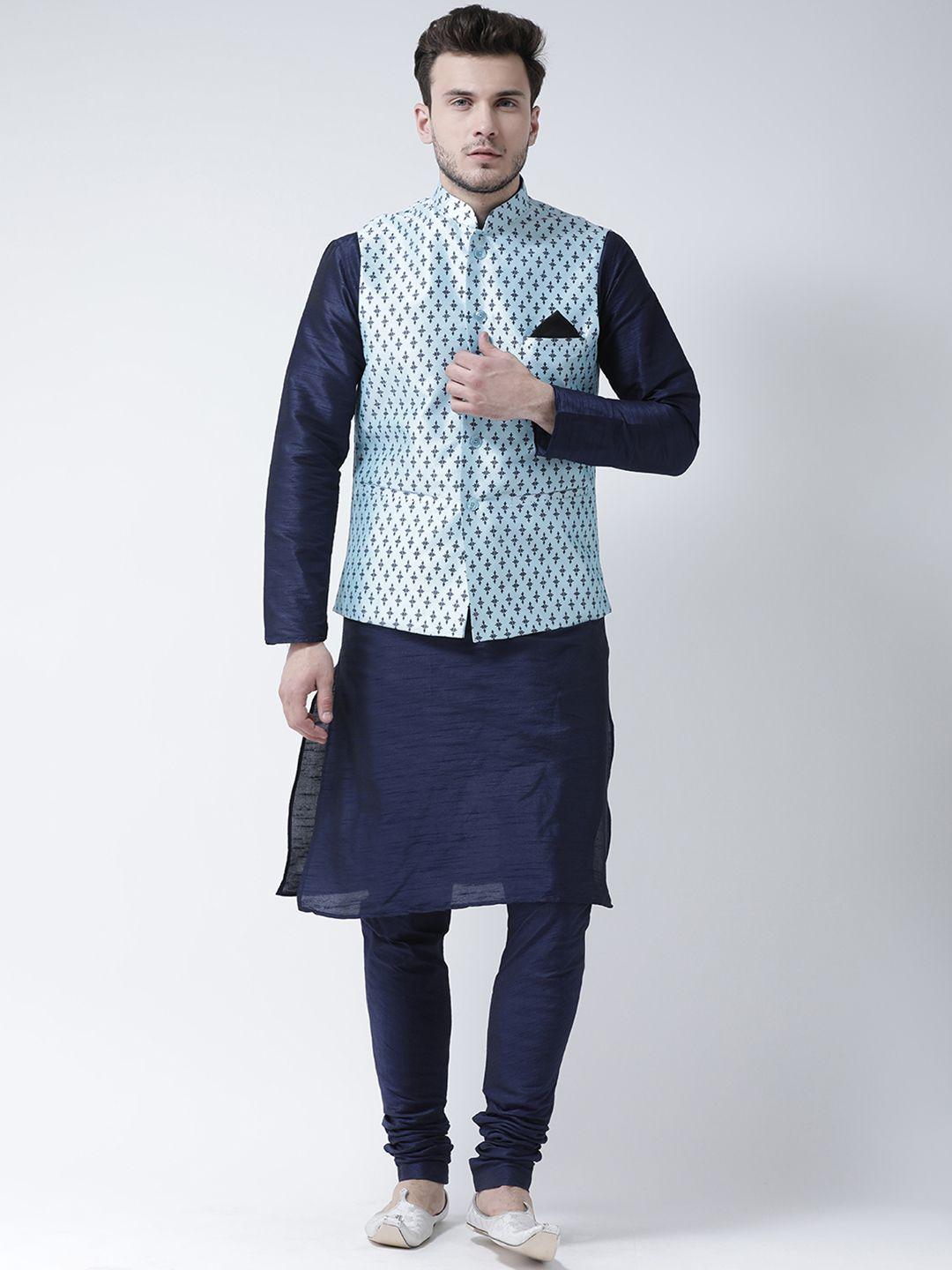 deyann men blue solid kurta with pyjamas & nehru jacket