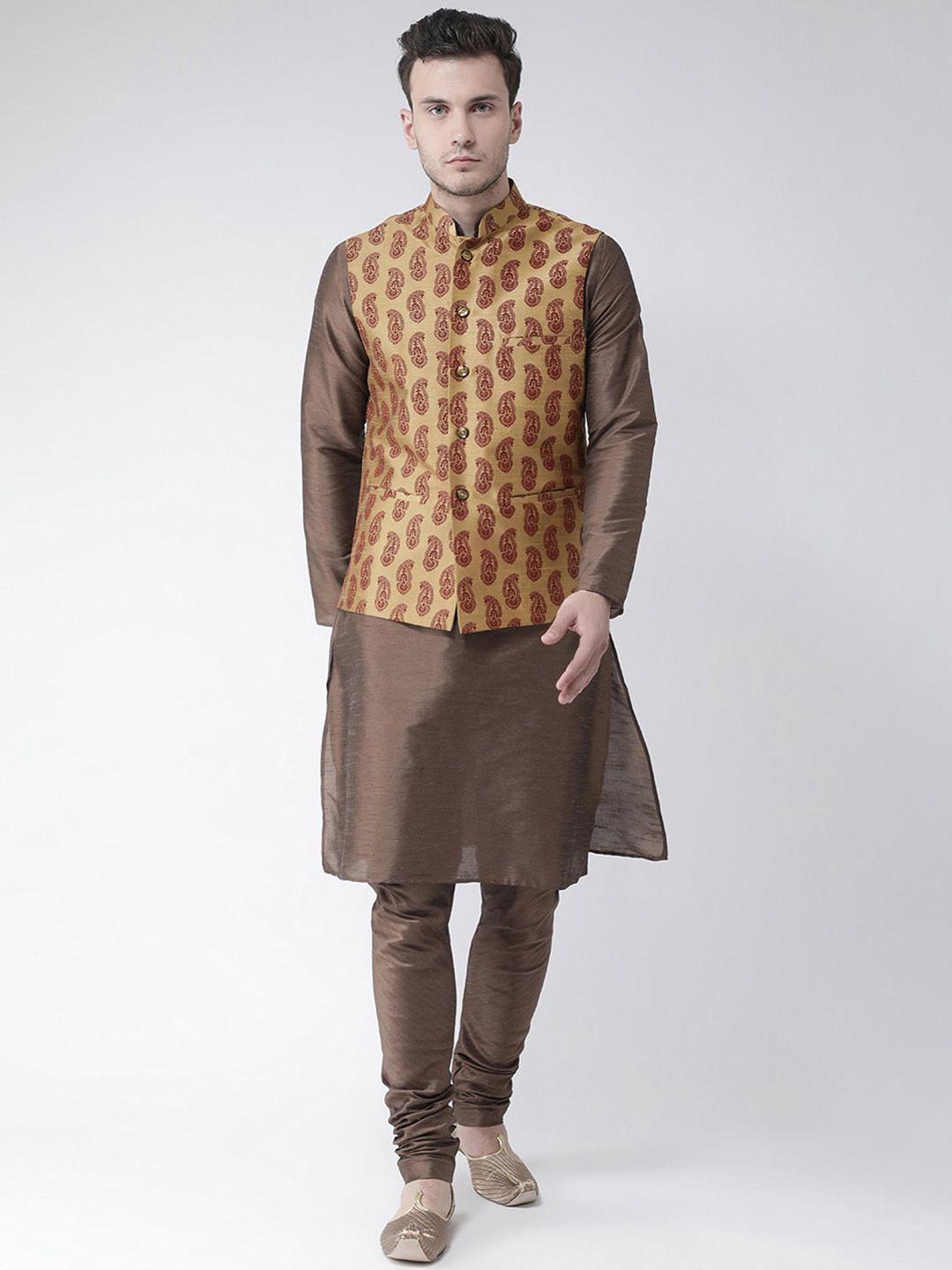 deyann men brown & beige solid kurta with churidar & nehru jacket