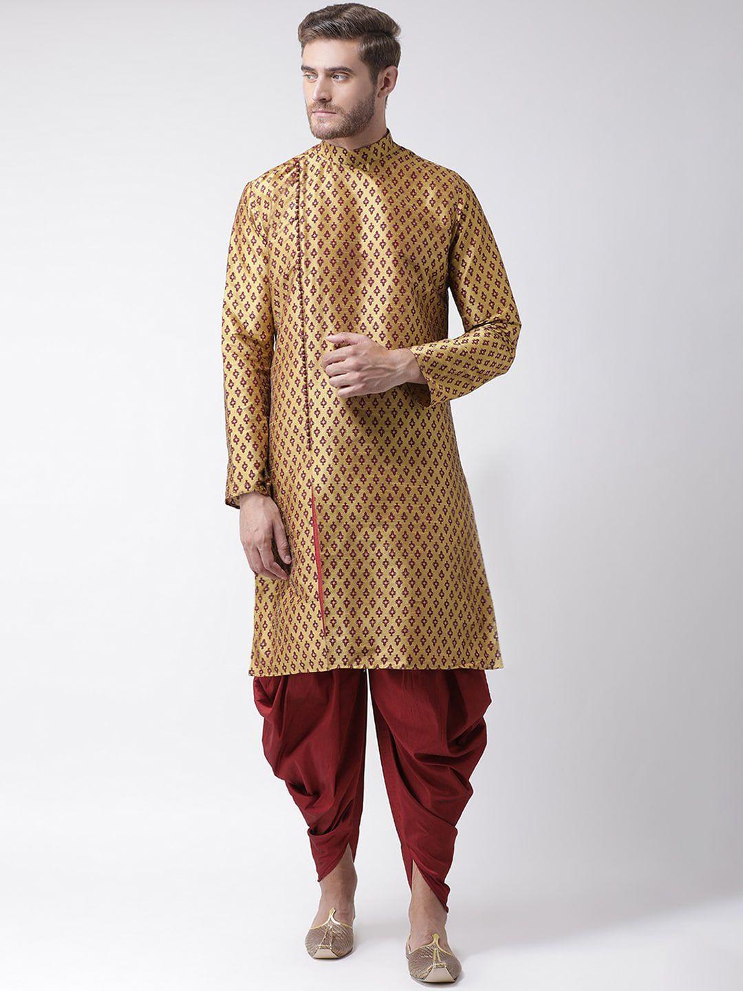 deyann men brown & maroon ethnic motifs printed dupion silk kurta with patiala
