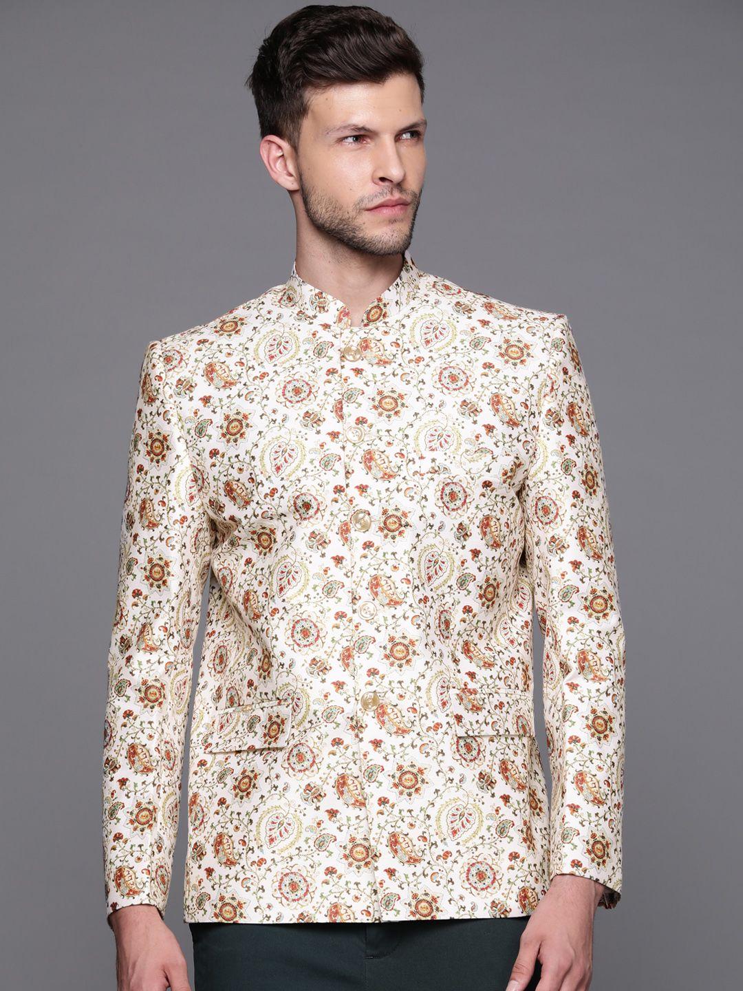 deyann men brown & off white ethnic motifs printed bandhgala blazer