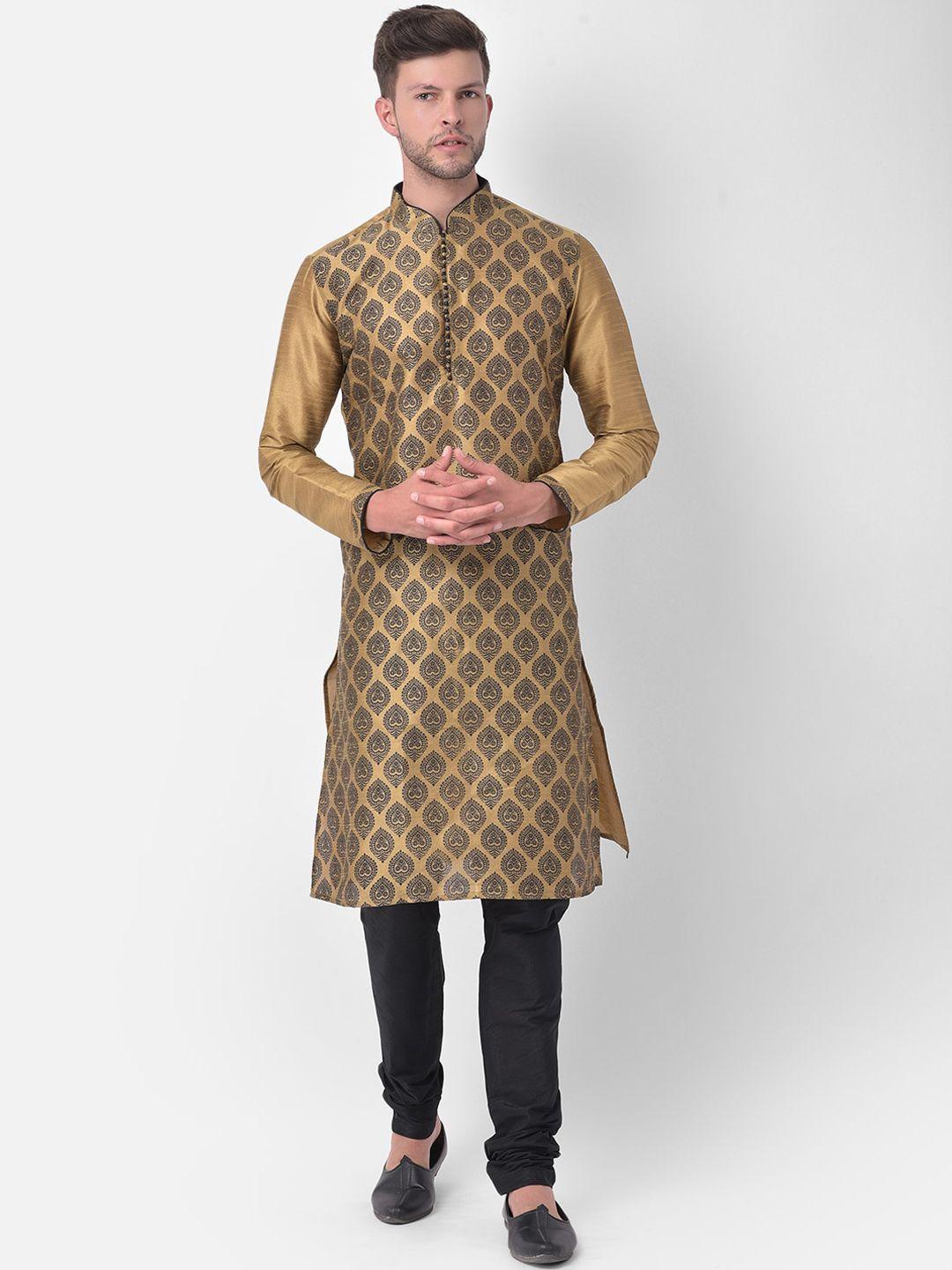 deyann men brown ethnic motifs printed regular dupion silk kurta with churidar