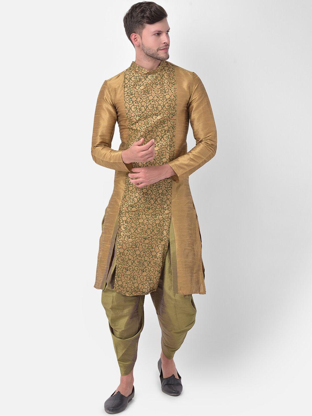 deyann men brown printed panelled dupion silk kurta with dhoti pants