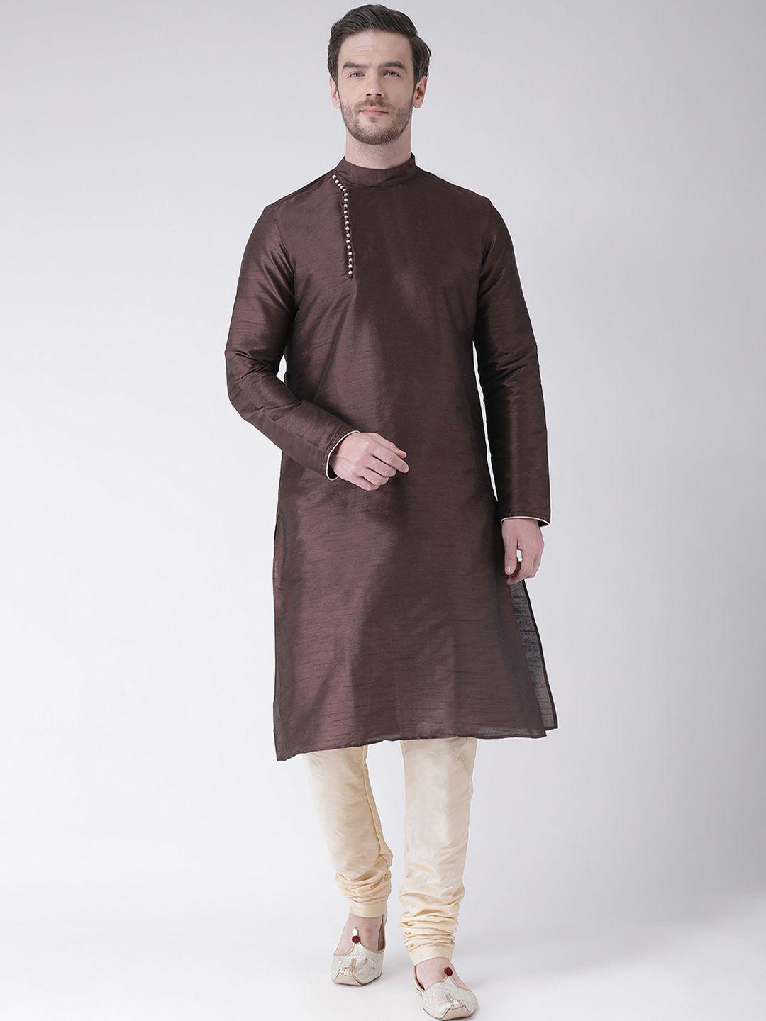 deyann men coffee brown & cream-coloured solid kurta with churidar