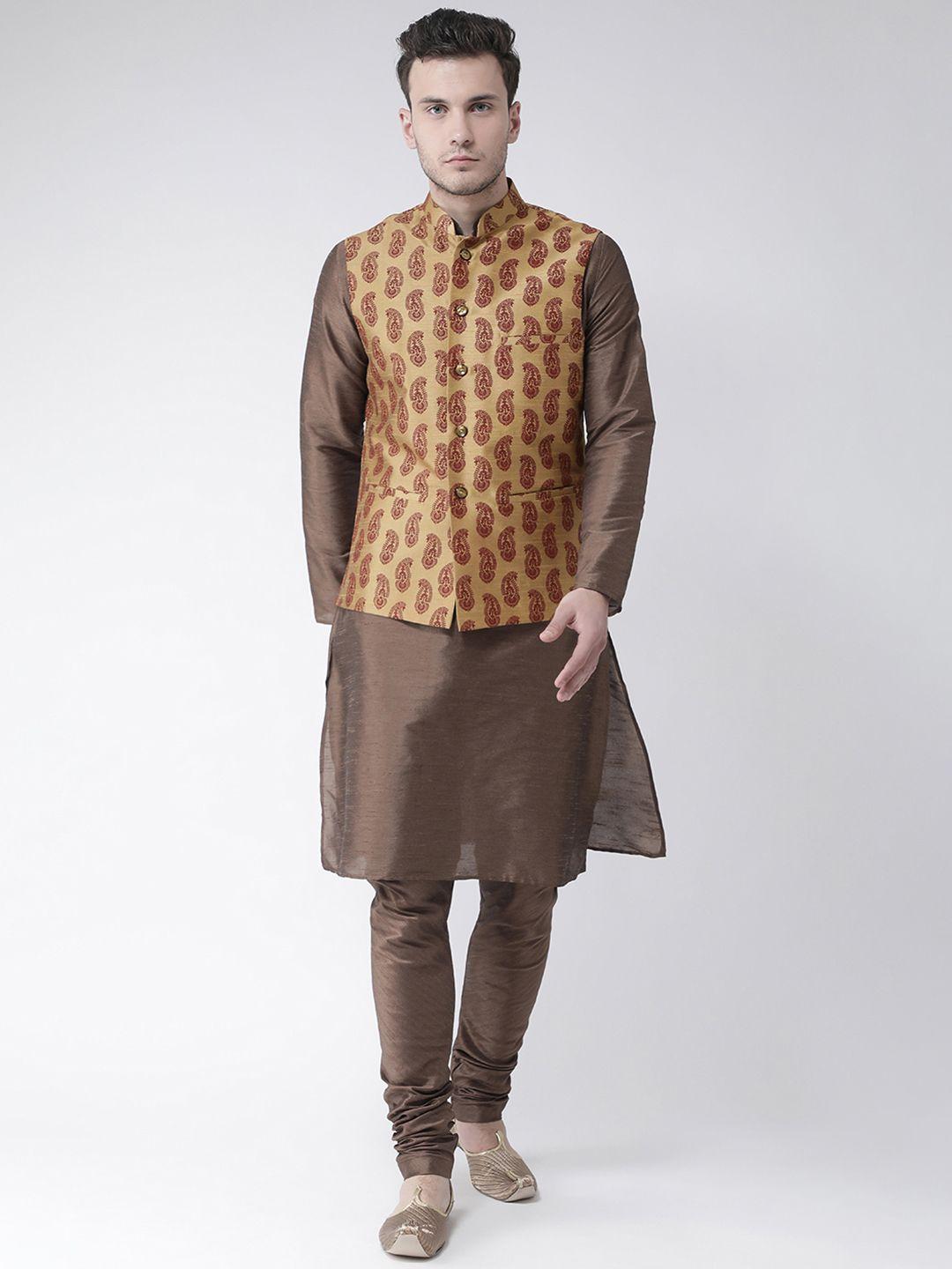 deyann men coffee brown solid kurta with pyjamas & nehru jacket