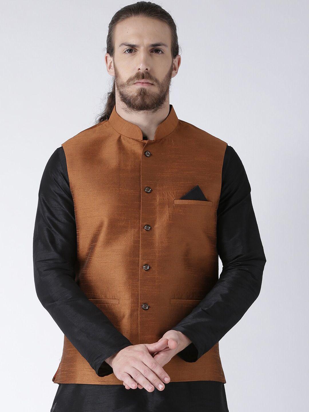 deyann men copper-coloured solid woven dupion silk nehru jacket