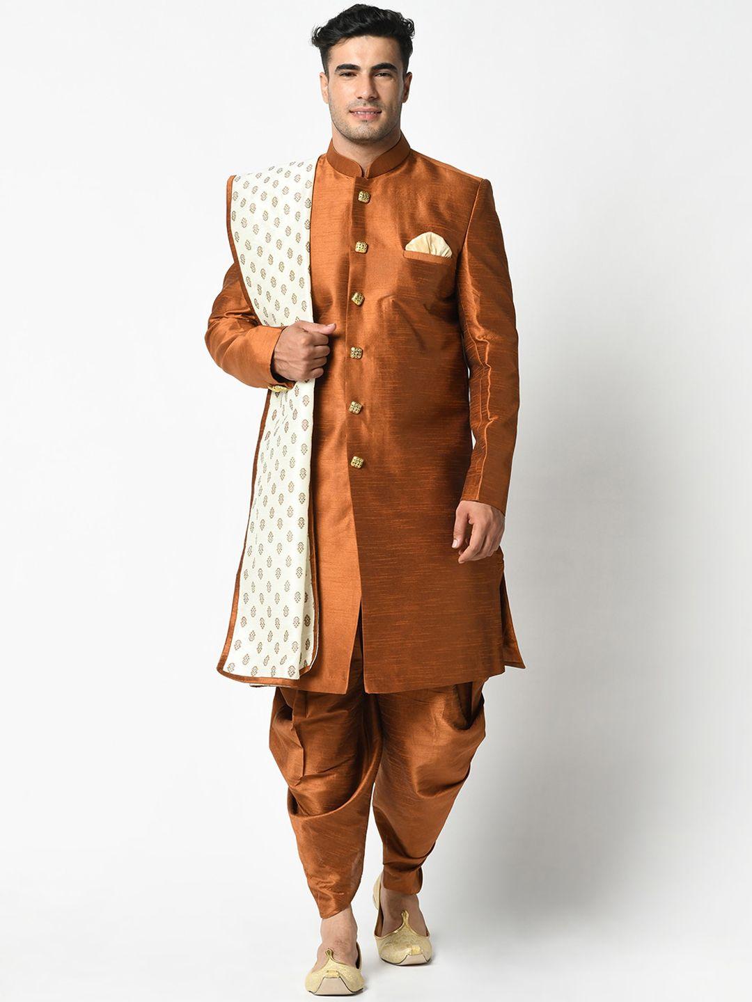 deyann men copper-coloured woven design dupion silk sherwani with dhoti pants & dupatta