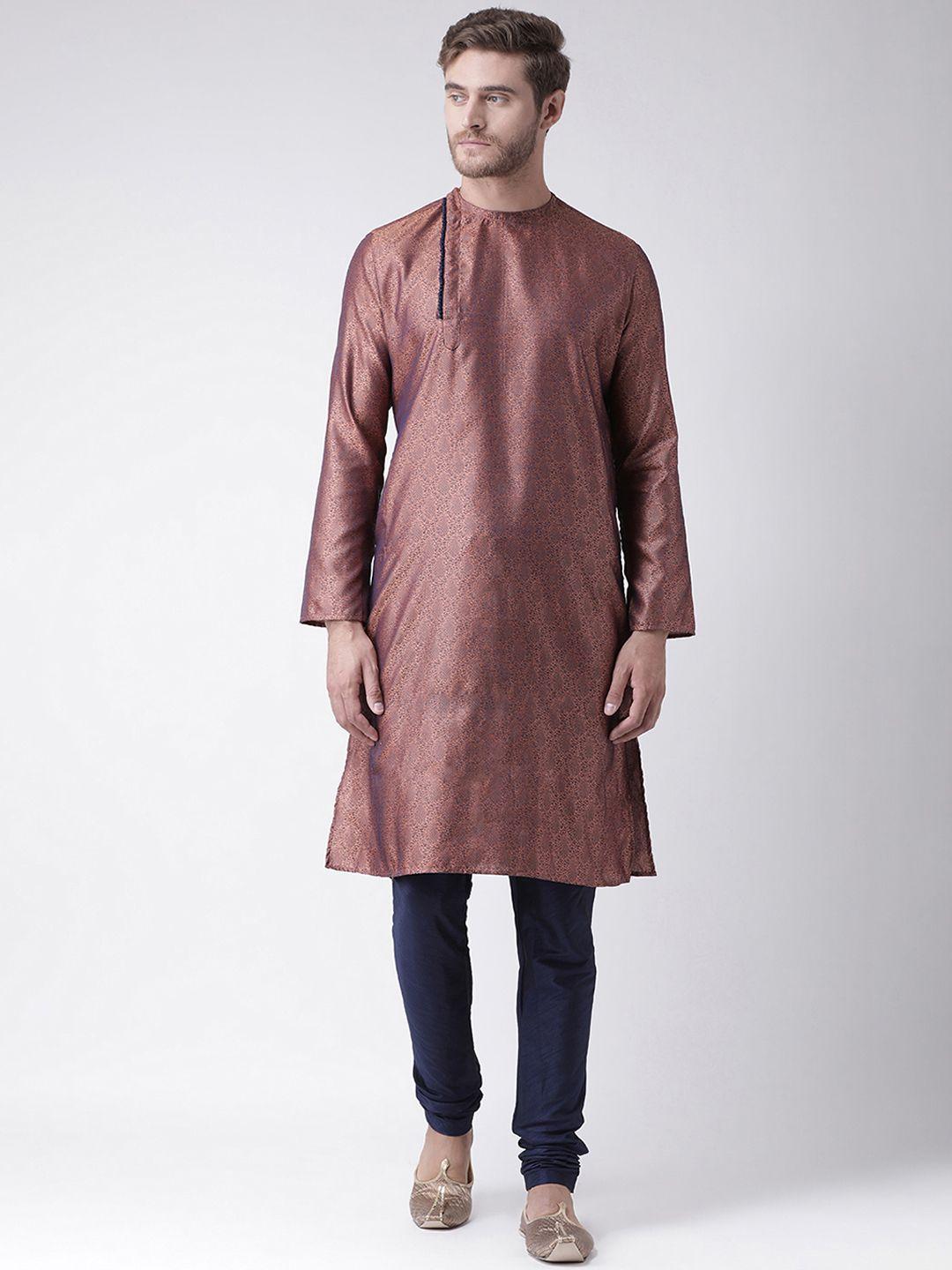 deyann men copper-toned & navy blue self design kurta with churidar