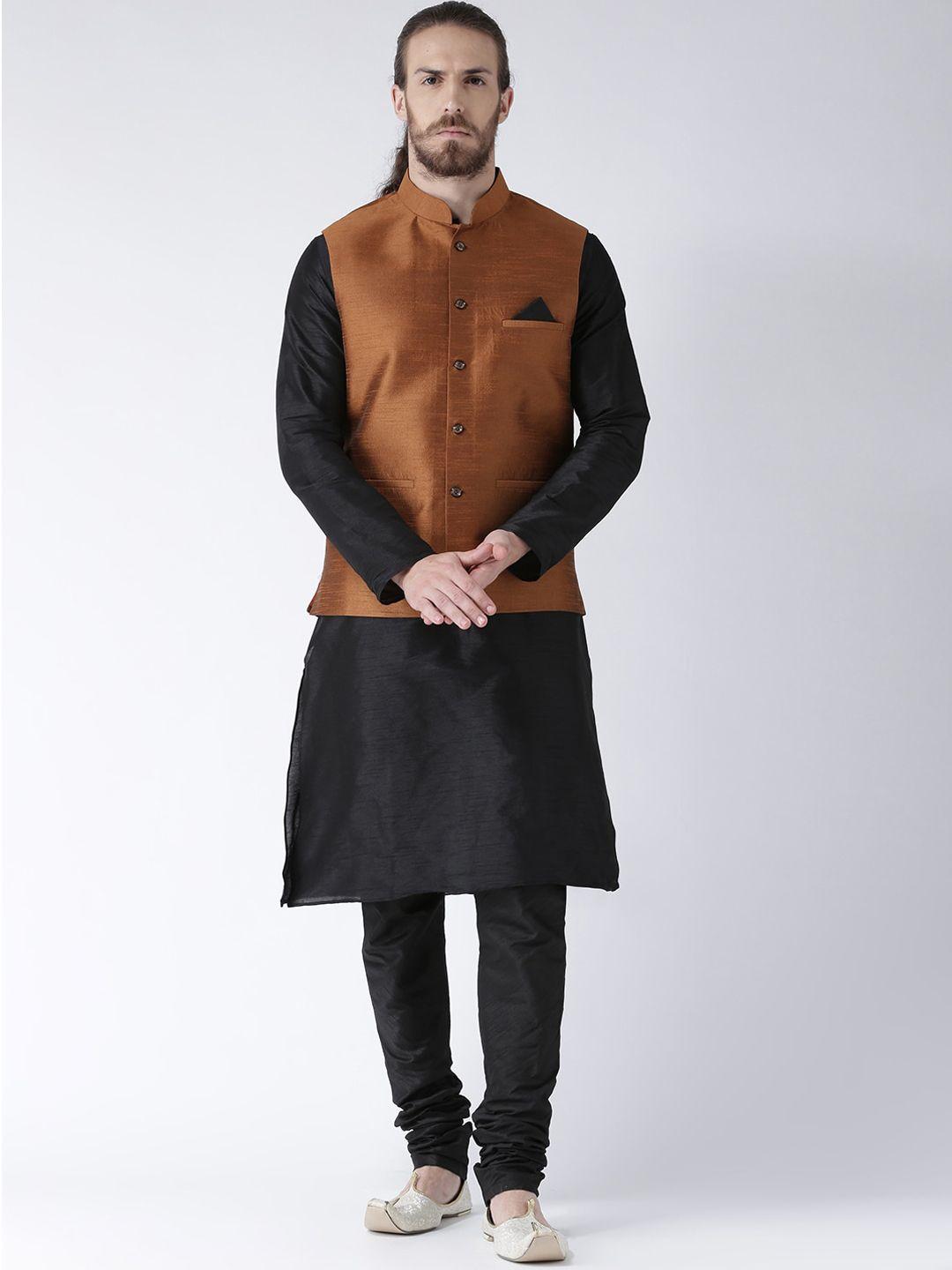 deyann men copper-toned layered dupion silk kurta with churidar with nehru jacket