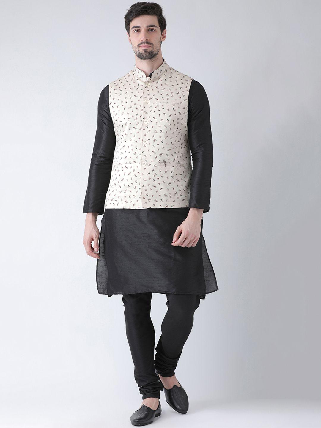 deyann men cream-coloured & black printed kurta with churidar