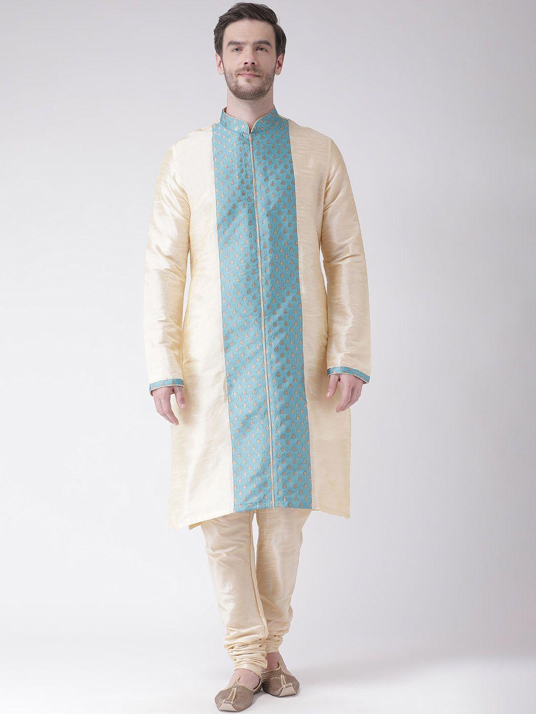 deyann men cream-coloured & blue woven design kurta with churidar