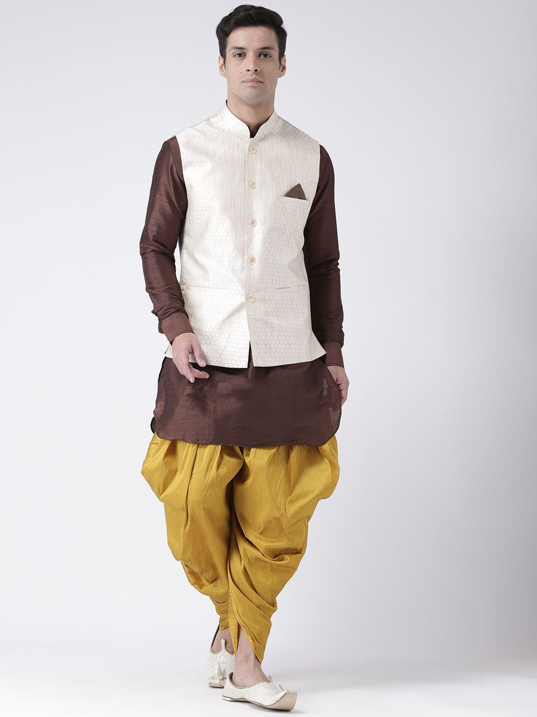 deyann men cream-coloured & brown solid kurta with dhoti pants