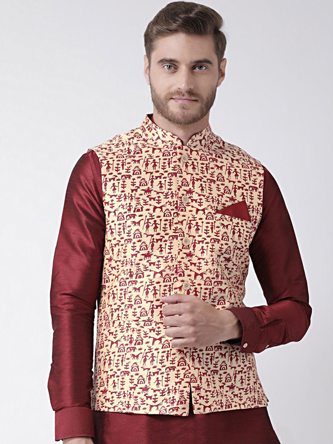 deyann men cream-coloured & maroon printed nehru jacket