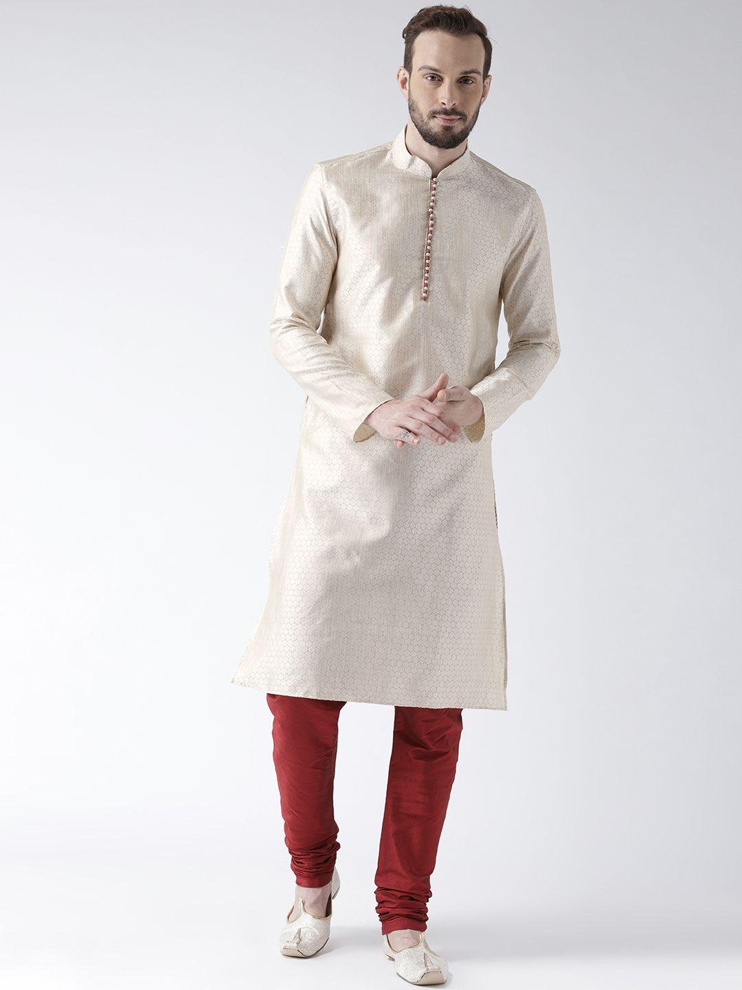 deyann men cream-coloured & maroon self design kurta with churidar