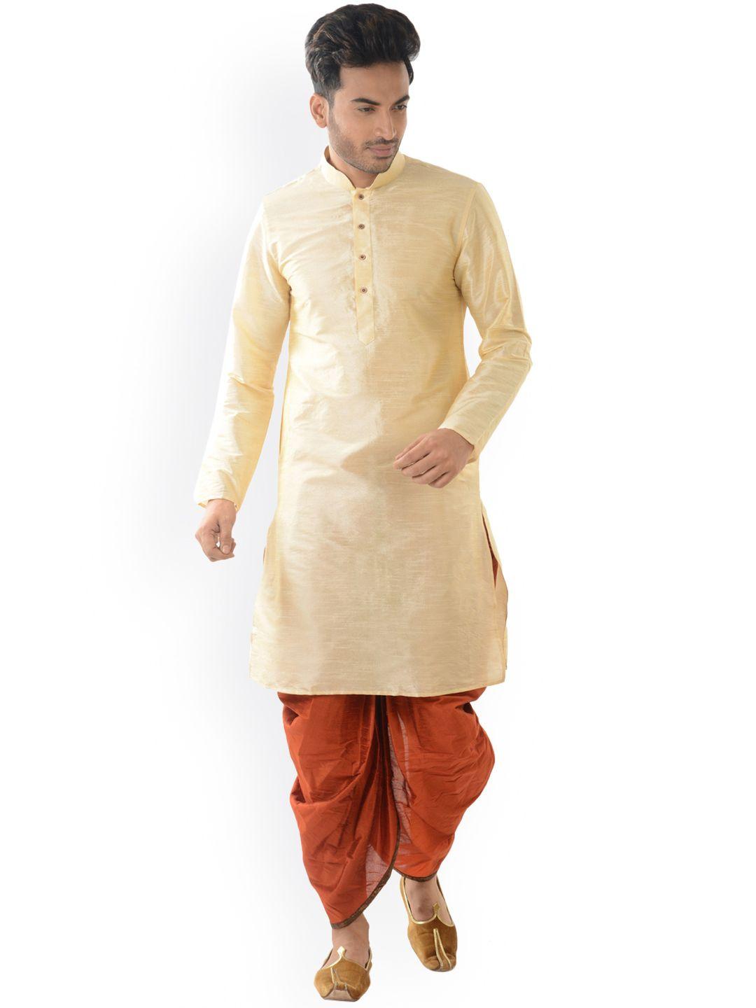 deyann men cream-coloured & orange solid kurta with dhoti pants