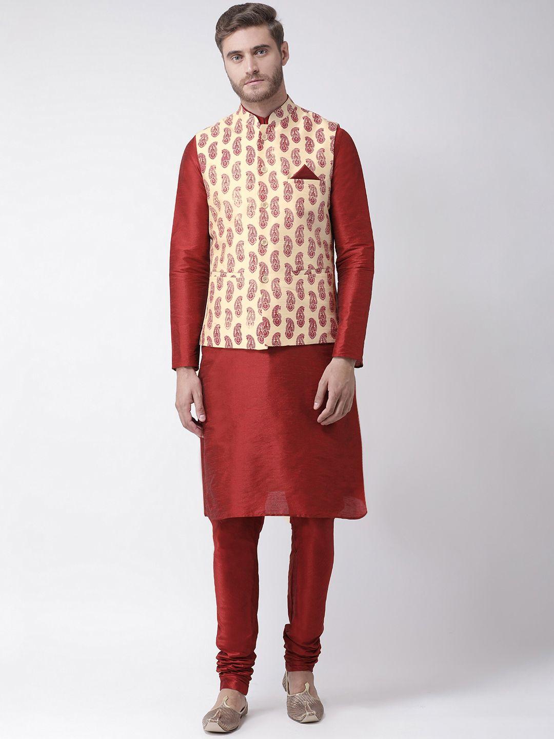 deyann men cream-coloured & red printed kurta set