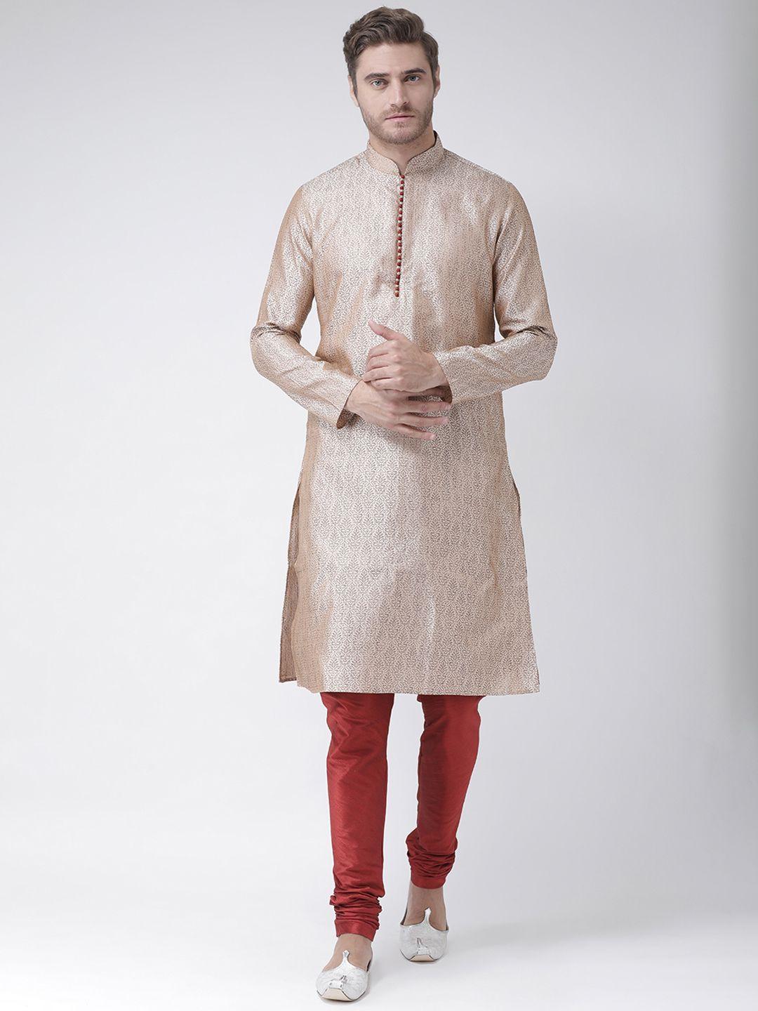 deyann men cream-coloured & red self design kurta with churidar