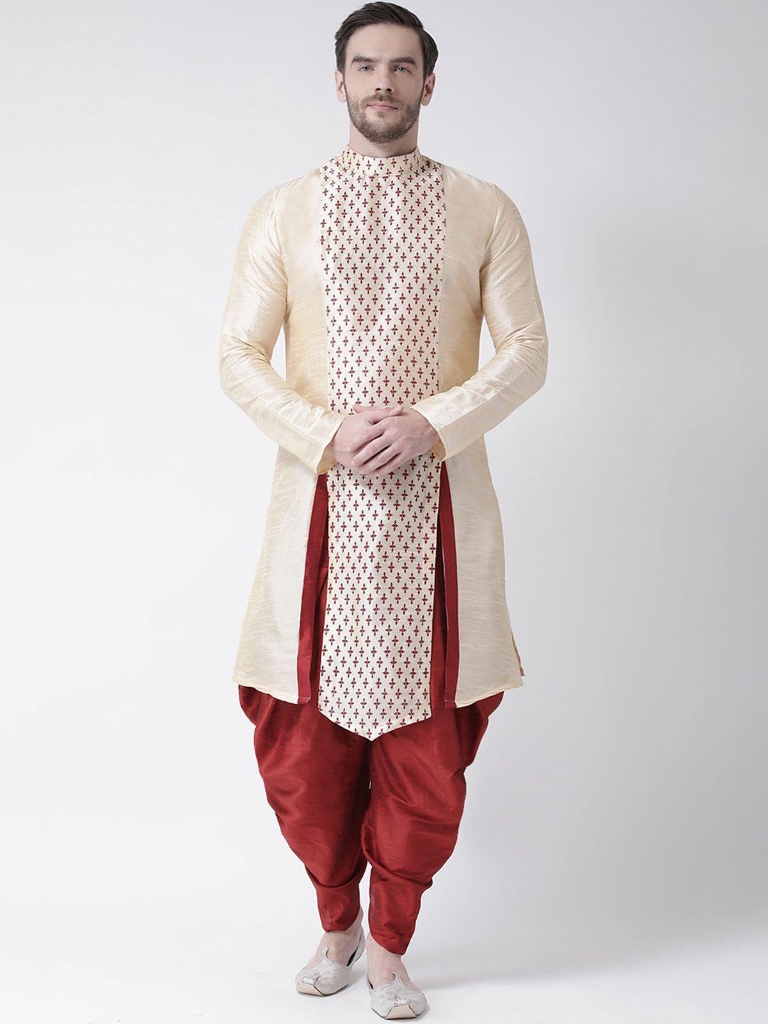 deyann men cream-coloured ethnic motifs printed panelled dupion silk kurta with patiala