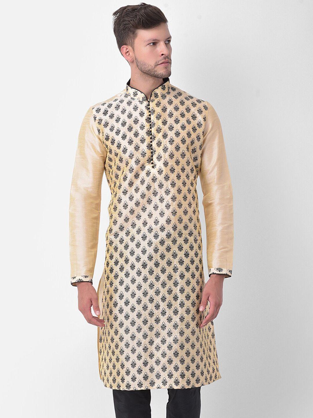 deyann men cream-coloured ethnic motifs printed regular dupion silk kurta with churidar