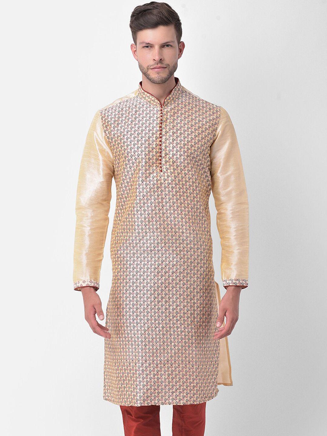 deyann men cream-coloured ethnic motifs printed regular dupion silk kurta with churidar