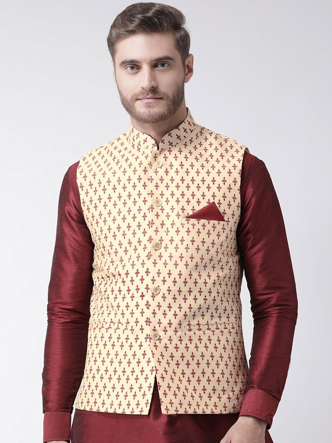 deyann men cream-coloured printed nehru jacket