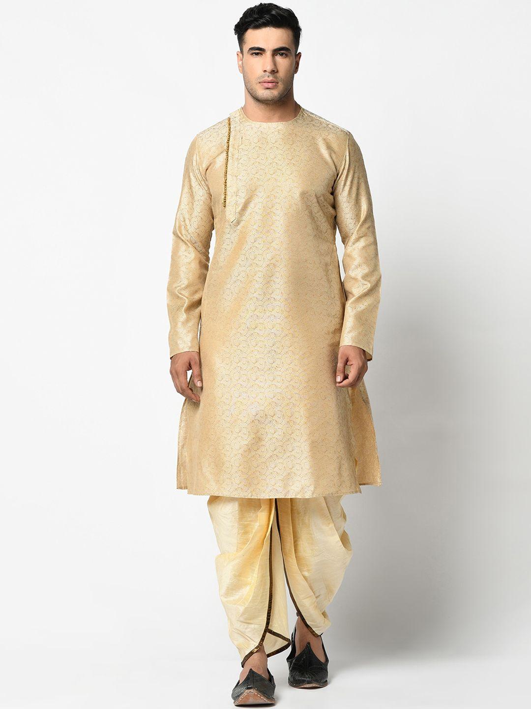 deyann men cream-coloured self design kurta with dhoti pants