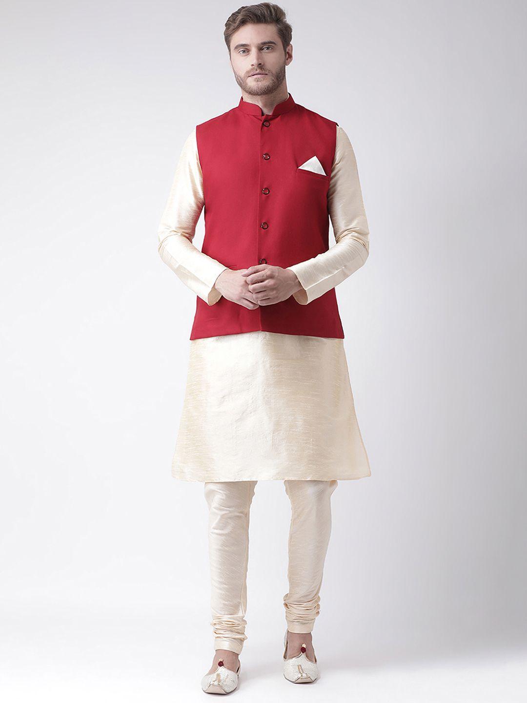 deyann men cream-coloured solid dupion silk kurta set