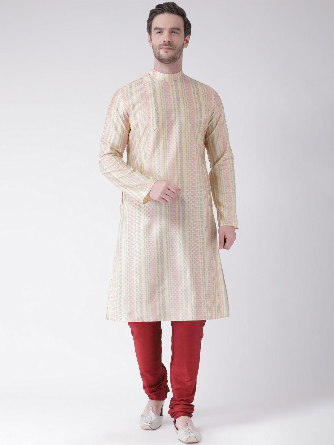 deyann men cream-coloured woven design jacquard silk straight kurta